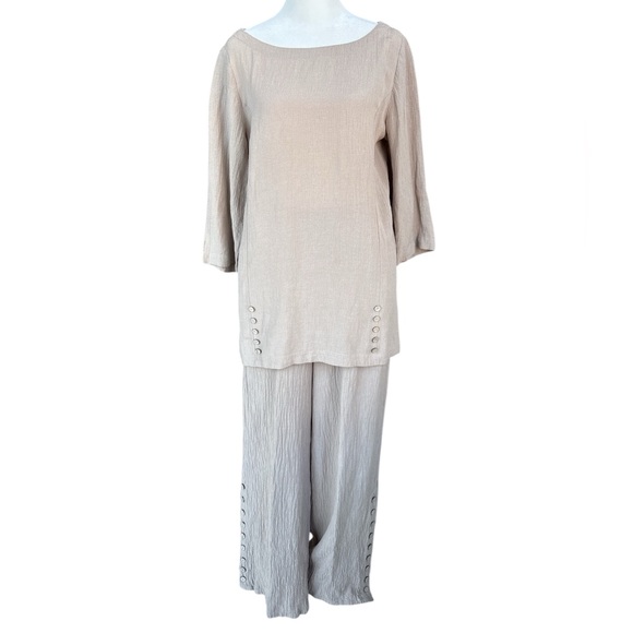 Soft Surroundings Oceo Crinkle Gauze Tunic and Gauze Pants Set Pebble Taupe S